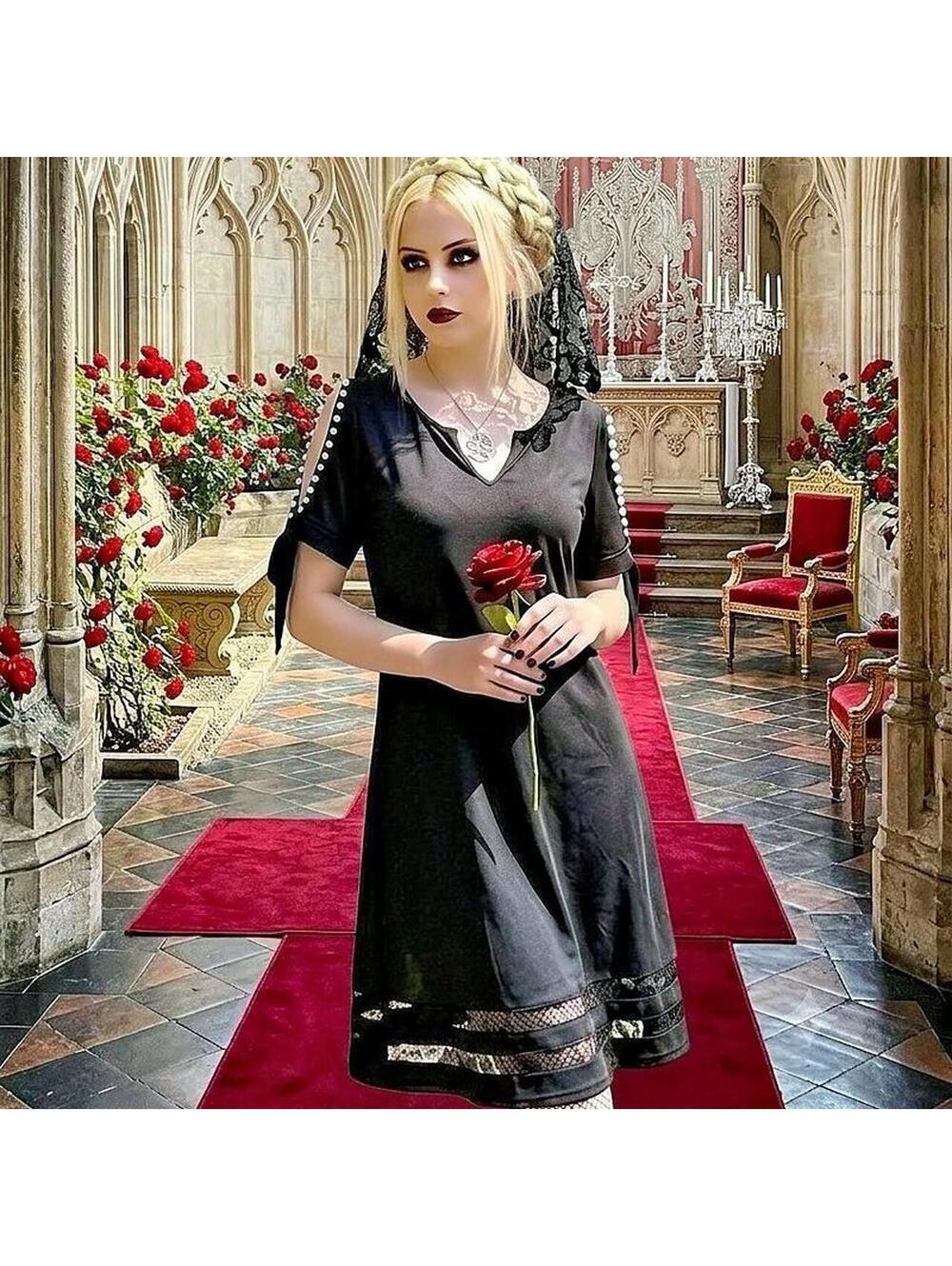 Gothic Cold Shoulder Pearl Detail Dress [30]